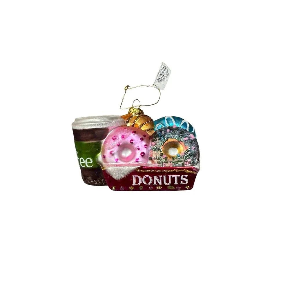 Macy’s Holiday New Glass Donuts In Box w/Coffee Cup Christmas Ornament 5